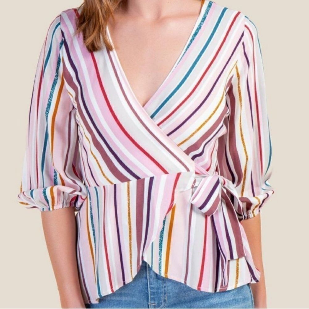 Francesca Heritage pink striped long-sleeve V neck wrap top size small